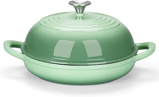 E-far Dutch Oven for Sourdough Bread Baking, 6 Qt Round Enameled Cast Iron Dutch Oven for Homemade Artisan Bread, Dome Lid & Shallow Base, Matte Black Interior & Durable, Oven-Safe to 500?? Green