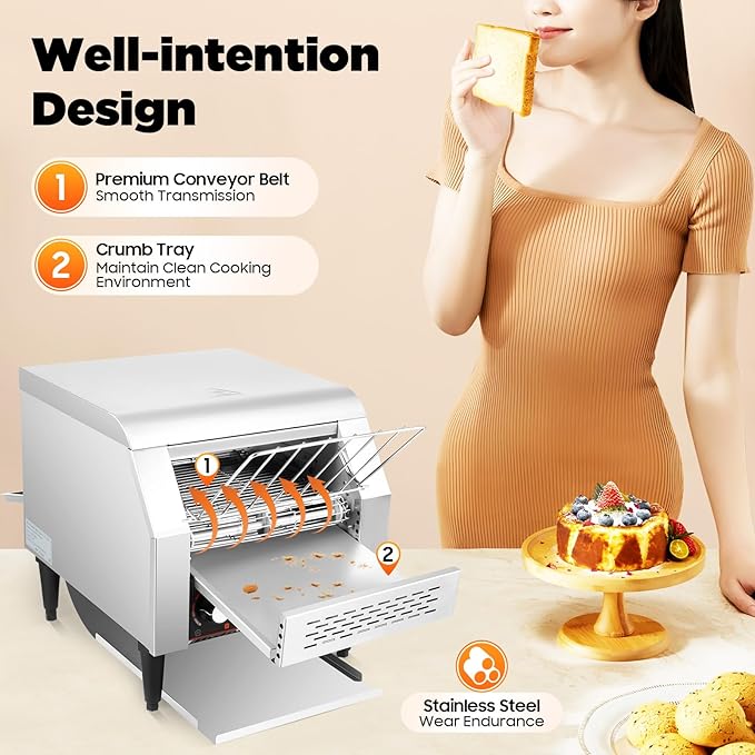 Heavy Duty Conveyor Toaster Oven Electric Bread Oven Industrial Toaster Commercial for Bun Bagel Bread Baked Food with 7 Speed and Front/Back Output Modes (300Slices/H)