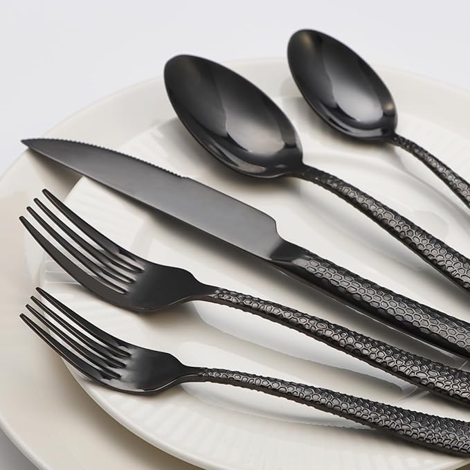 Black Hammered Silverware Set, 20 Piece Stainless Steel Flatware Set for 4, Food-Grade Tableware Cutlery Set for Home Restaurant, Mirror Polished, Dishwasher Safe