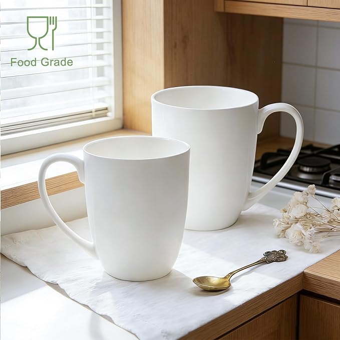 Plain White Fine Bone China Blank Coffee Mugs Set of 2, 11 Oz Tea Cups with Large Handle, Lightweight Ceramic Coffee Mugs, Aesthetic Coffee Cups