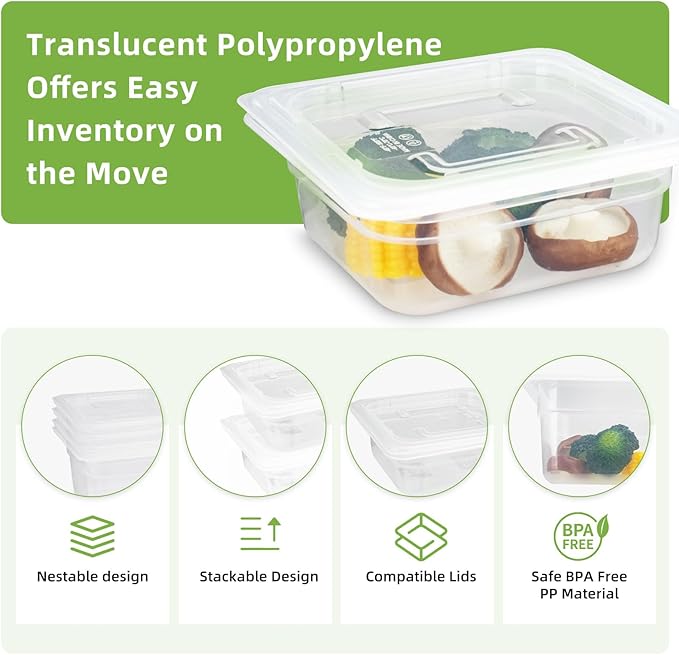 6-Pack Food Pan with Lids, 1/6 Size Food Storage Containers for homes, schools, restaurants, hotels Meal Prep, -40??160?? Stackable, Freezer-Safe (1/6 size 2.5 inch deep, 1.1L/1.1QT)