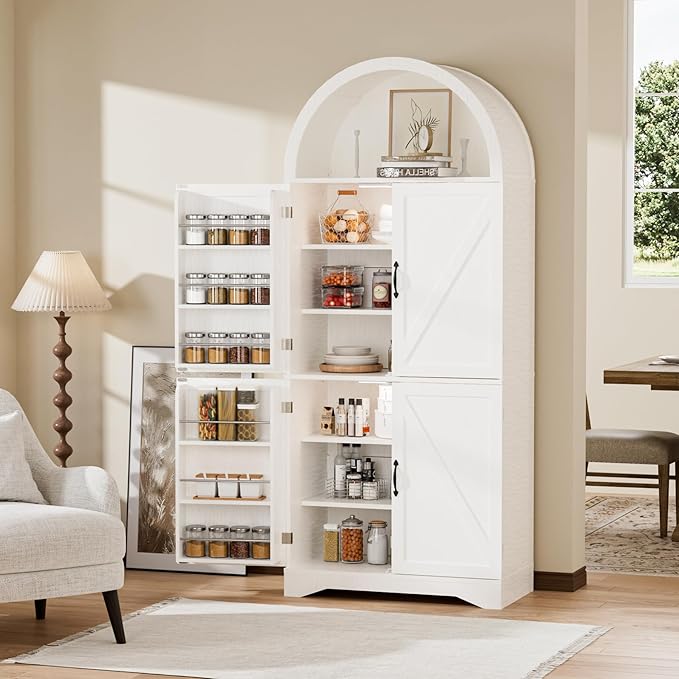 Arched Kitchen Pantry Cabinet with Adjustable Shelves, Modern Farmhouse Storage Cupboard, White Freestanding Wood Cabinet with LED Lights, 70.86 x 29.9 x 15.74 Inches.