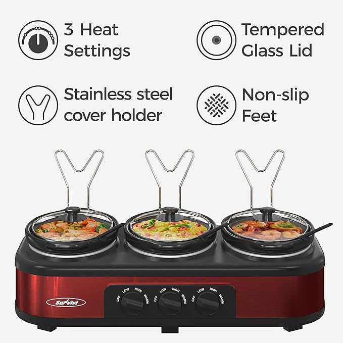 Sunvivi Triple Slow Cooker, Buffet Server & Warmer with 3 Removable Ceramic Pots, 3 Adjustable Temp Settings & 3 Metal Lid Rests, Stainless Steel, 3 * 1.5 Quarts Red