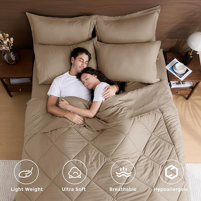 HEVUMYI Khaki Twin-XL Comforter Set - 5-Piece All Season Bed in a Bag Twin-XL, Ultra Soft Bedding Set with Comforter, Flat Sheet, Fitted Sheet, Pillowcases, Pillow Shams