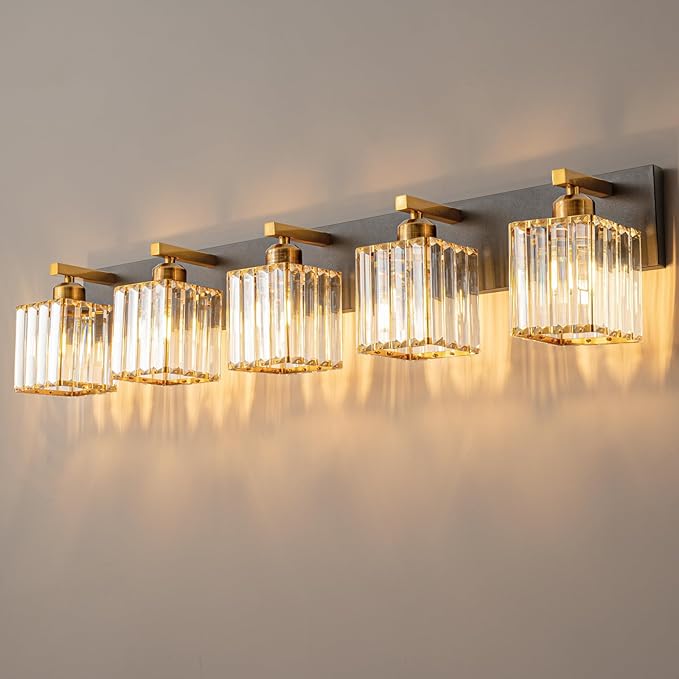Modern Bathroom Vanity Light 5-Lights Black Gold Crystal Bathroom Wall Light Vanity Light Fixturesï¼?6.22-inch Modern Minimalist Design