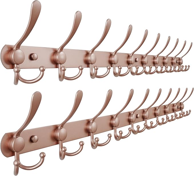 Dseap Coat Rack Wall Mount - 38??Long 10-Tri-Hooks Heavy Duty Coat Hanger Rail Wall Hooks for Hanging Coats Hats Clothing Clothes Purse Mudroom Entryway, Rose Gold, Pack of 2