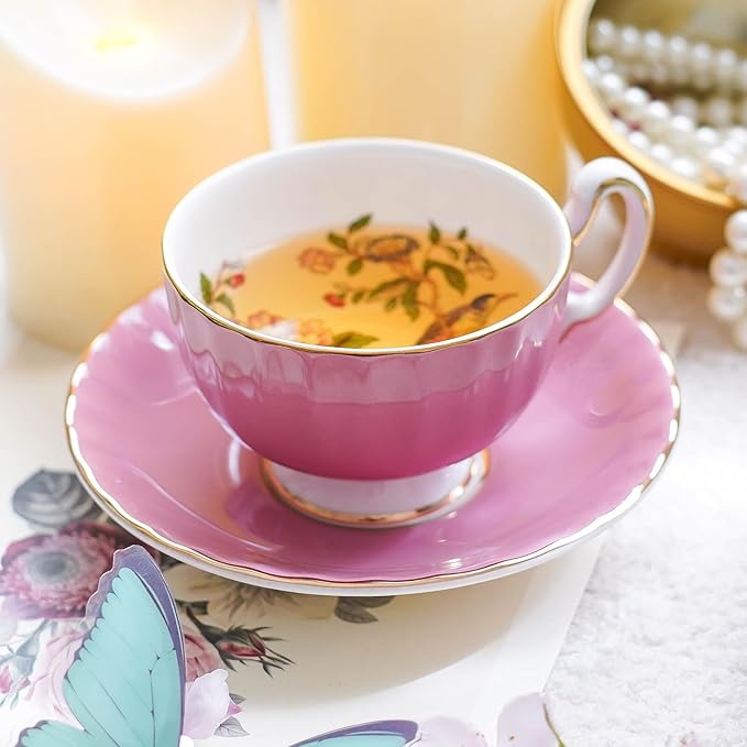 Aynsley Pembroke Glaze Oban 2-Piece Fine Bone China Teacup & Saucer - 6oz (180ml), Handpainted Floral with Gold Trim - Vintage Gift Set-Pink