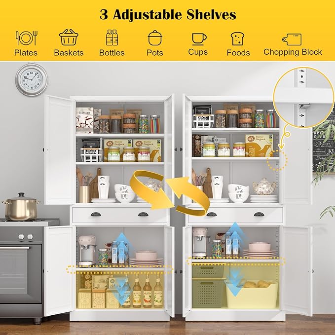 71??Food Pantry Storage Cabinet with Drawer,White Metal Kitchen Pantry Cabinet with Doors and Adjustable Shelves,Tall Storage Cabinets for Pantry,Kitchen,Livingroom