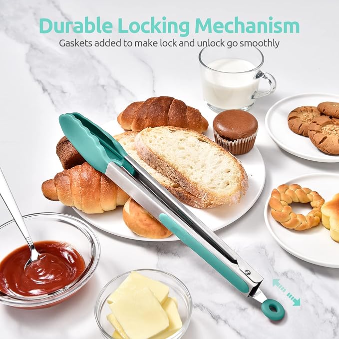600쨘F Heat Resistant Kitchen Tongs: U-Taste 12 in Large Silicone Cooking Tong with Sturdy Non Stick Rubber Tips & Silicon Coated 18/8 Stainless Steel Handle & Smooth Locking for Serving Grill-Aqua Sky