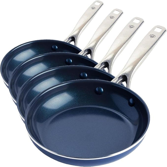 Blue Diamond Frying Pan 8??Skillet, Diamond Infused Healthy Ceramic Nonstick, PFAS and PFOA-Free, Dishwasher and Oven Safe, Even Heating, Metal Utensil Safe, Warp Control Base, Blue (Pack of 4)