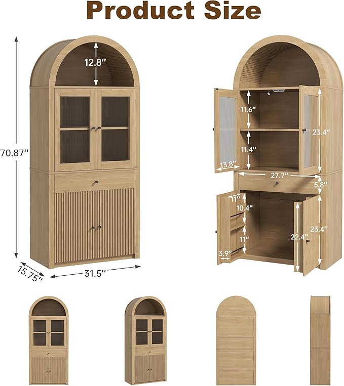 Hadulcet 71" Tall Arched Kitchen Pantry Cabinet, Farmhouse Kitchen Storage Cabinet with Drawers & 4 Doors, Adjustable Shelves, Acrylic Fluted Panel, Wood Cupboard Buffet Organizer, Light Wood