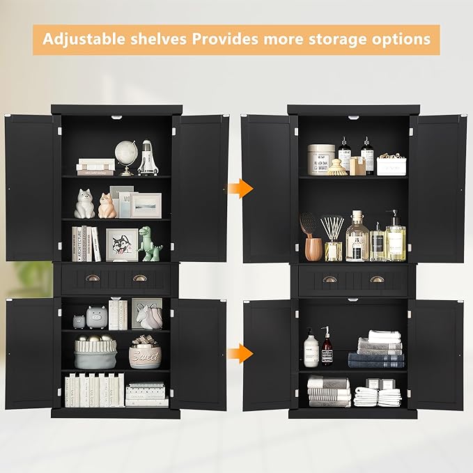 KIGOTY 72" Tall Kitchen Pantry Cabinet with Drawer and 4 Adjustable Shelves, Freestanding Pantry Storage Cabinets, Wood Cupboard Pantry Cabinet for Kitchen, Dining Room, Living Room, Black