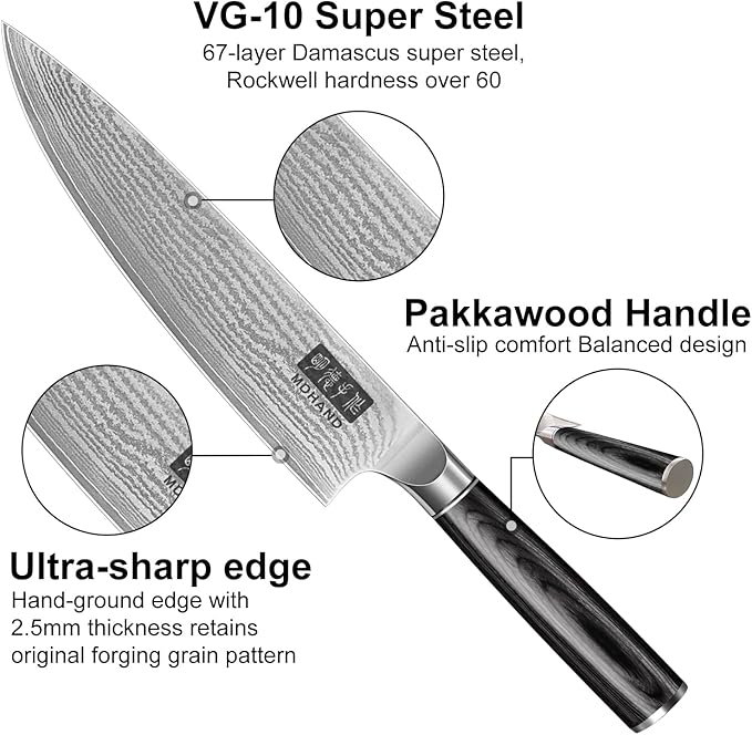 MDHAND Damascus Kitchen Knife Set 3-Piece, Ultra Sharp Professional 67 Layers 10Cr15CoMoV Super Steel Japanese Chef Knife Set with Pakkawood Handle, Including Chef, Santoku & Paring Knife, Elegant Box