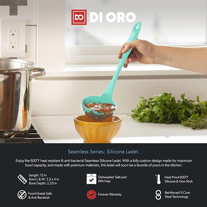 DI ORO Silicone Ladle ??Soup Ladle for Cooking & Serving Heat-Resistant - Large Kitchen Soup Ladle Nonstick Cookware Safe - Soup Serving Spoon with Wide Bowl - Silicone Utensil Dishwasher Safe (Mint)