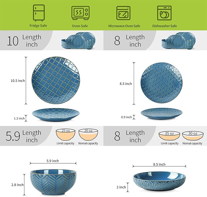 Sureasy Ceramic Dinnerware Set for 4-16 Pieces Embossed Plates and Bowls Sets, Scratch Resistant Dish Set, Microwave, Oven & Dishwasher Safe, Blue