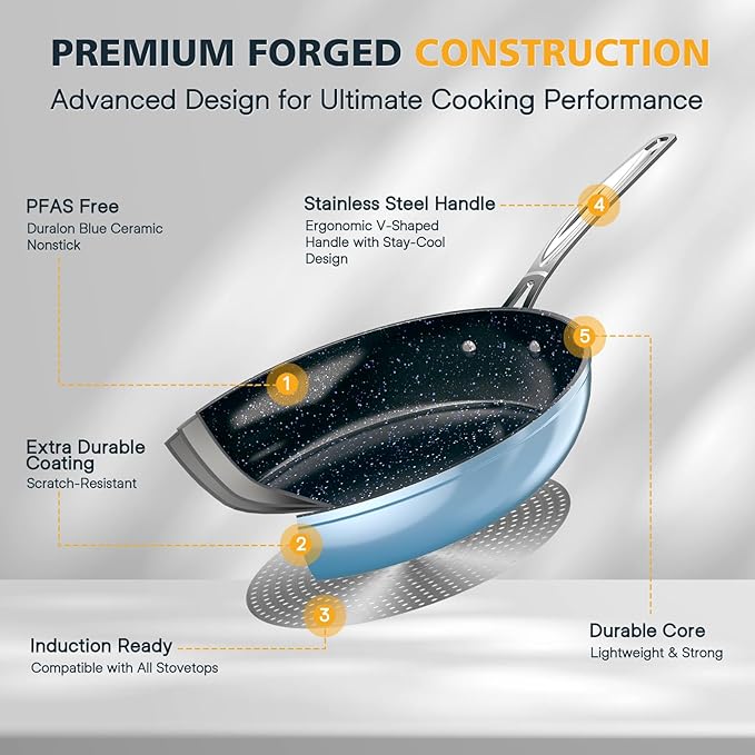Nuwave 3-Piece 8?? 10?? 12??Forged Lightweight Frying Pan Set, G10 Healthy Duralon Blue Ceramic Ultra Non-Stick, Ergonomic Stay-Cool Handles, Induction-Ready & Works on All Cooktops