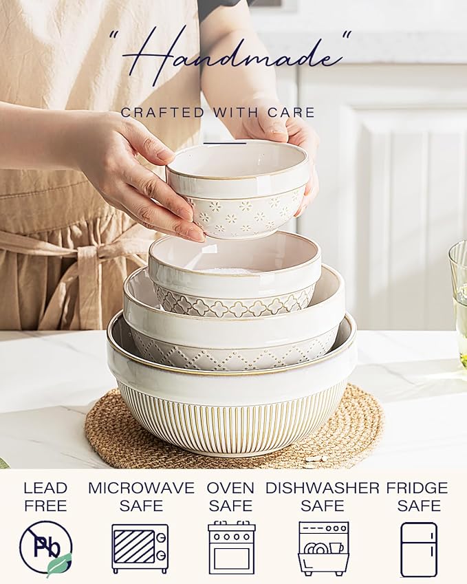 getstar Large Serving Bowls, Ceramic Salad Bowl Set of 4, Microwave and Dishwasher Safe, Farmhouse Kitchen Decorative Nesting Bowls Set (8"+7")