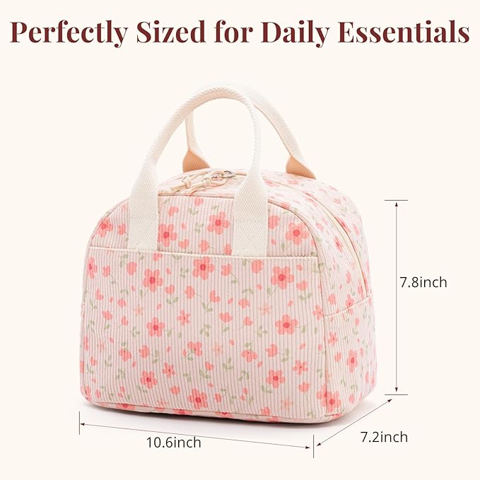 LOVELYWIND Insulated Pink Lunch Bag for Women, Stylish Corduroy Tote with Aluminum Lining, Large Capacity Reusable Cooler for Work, Travel, Beach or Picnic, Pink Floral Water-Resistant Lunch Box