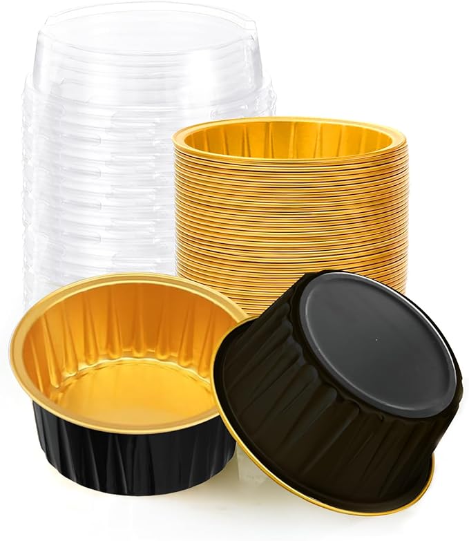 Fodofodo 25PCS Round Mini Loaf Pans with Lids,Mini Cake Pans with Lids,Disposable Ramekins Baking Cups Muffin Tins Cupcake Cups for Wedding Birthday Party,5oz（Black Gold）