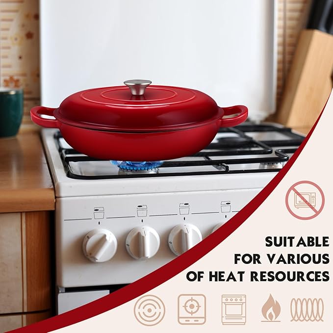 Overmont Enameled Cast Iron Dutch Oven - 3.8 Quart Dutch Oven Pot with Lid - Shallow Cookware Braising Pan - Cast iron Casserole with Cookbook & Heat-resistant Caps - Oven Safe up to 500째 F