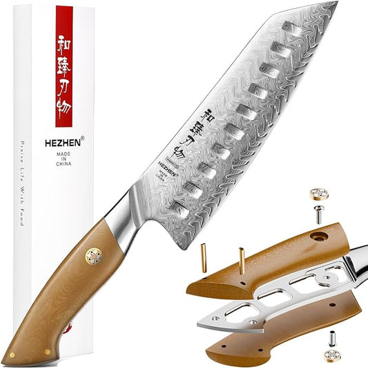 HEZHEN Damascus Santoku Knife, 7 Inches, 67 Layers Damascus Steel, Ultra Sharp Blade, Japanese Chef Knife for Professional Chefs and Home Cooking, Linen Micarta Handle, Gift Packing