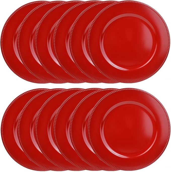 Set of 12 Red Charger Plates with Beaded. 13" Reusable Plastic Table Chargers for Dinner Plates