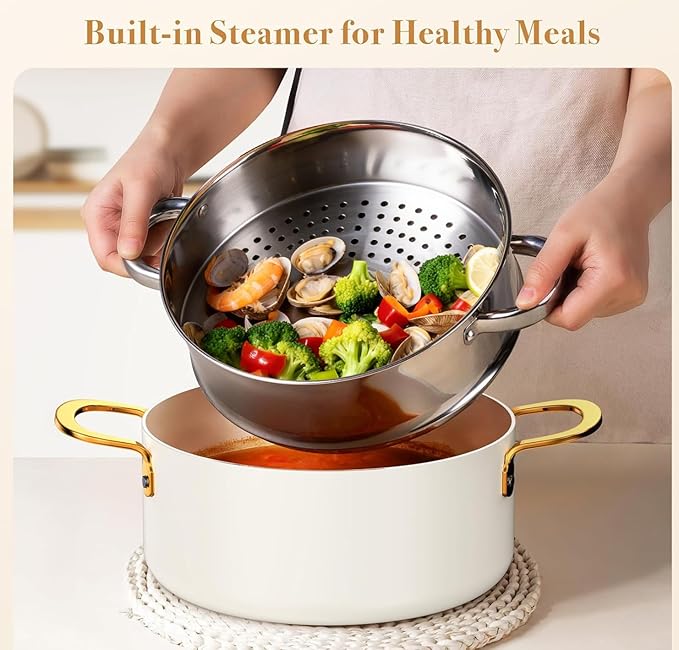 PekGema Ceramic Cookware Set 15-Pieces, Pots and Pans Set Non Stick, Oven Safe Non Toxic, Kitchen Cookware Set, PFOA PTFE FREE, Gold White