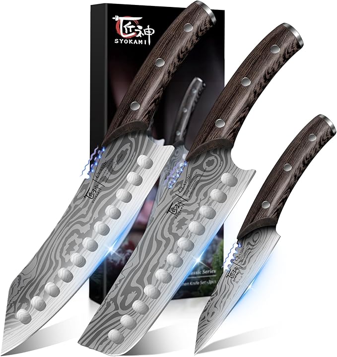 Kitchen Knife Set, 3PCS Japanese Style Chef Knives Set, Ultra Sharp Kiritsuke, Nakiri, Paring for Precision Cutting, Damascus Pattern Ergonomic Full Tang Wooden Handle, Christmas Cooking Gifts