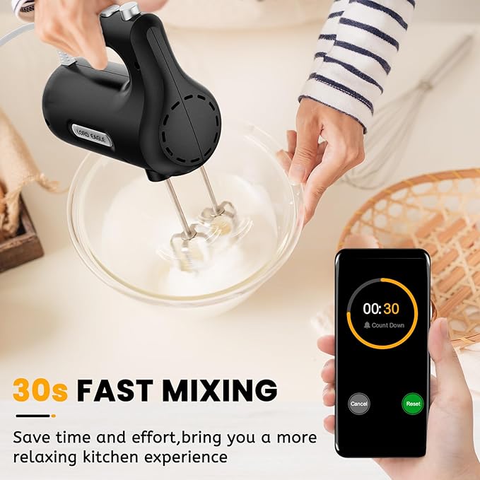 Lord Eagle 5-Speed Hand Mixer Electric Heldhand With Bowls Set, 300W Compact Mixer for Baking, Stainless Steel Mxing Bowl Measuring Cups Spoons, Black