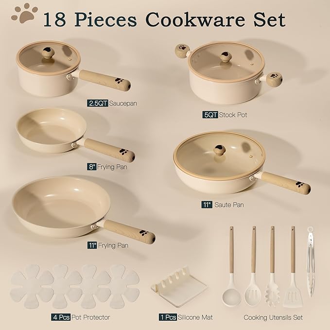 Astercook Pots and Pans Set Non Stick, Ceramic Cookware Set Non Toxic, 18 Pcs Dishwasher Safe Induction Cookware for Everyday Cooking & Kitchen Gifts