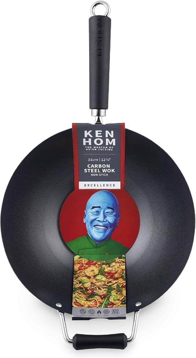 Ken Hom 12" Carbon Steel Nonstick Stir Fry Wok - Soft Touch Helper Handle and Lightweight Flat Bottom Design