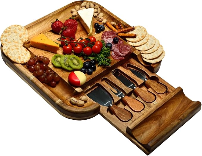 Picnic at Ascot Original Bamboo Cheese/Charcuterie Board with Cracker Groove & Drawer with Cheese Tools - Designed & Quality Checked in the USA