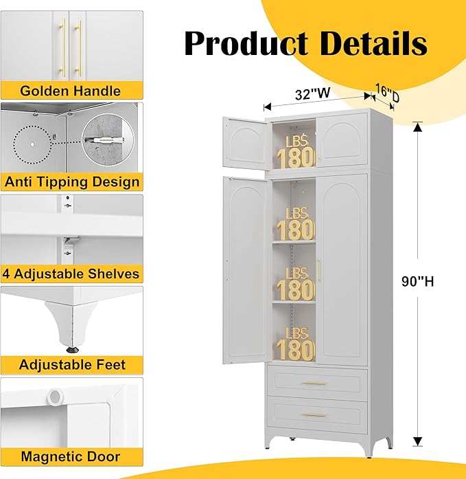 Kitchen Pantry Cabinet竊?0" Storage Cabinets with Doors and Shelves,Metal Pantry Cabinet with 2 Drawers,White Kitchen Cupboard for Livingroom,Pantry, Bathroom