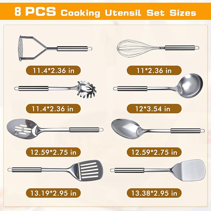 10 Pcs Cooking Utensils Set, Stainless Steel Kitchen Utensils, Heat Resistant Metal Kitchen Tools Include Solid & Slotted Spatula, Spoon, Ladle, Pasta Server,Potato Maseher,Egg Whisk,Meat Fork, Silver
