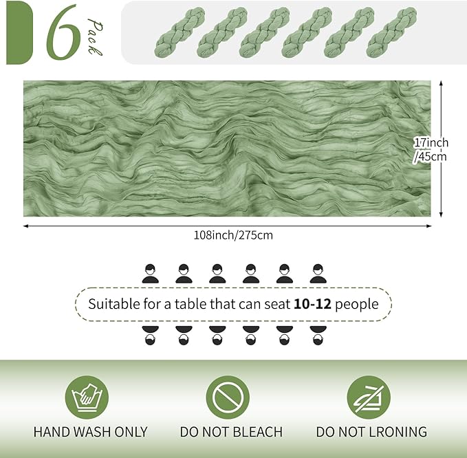 RealBox 6 Pack Sage Green Cheesecloth Table Runner 17x108 Inch Semi Sheer Boho Gauze Cheese Cloth Fabric Table Runners Table Decor for Wedding Party Baby Shower Birthday Home Decor Garden Farmhouse
