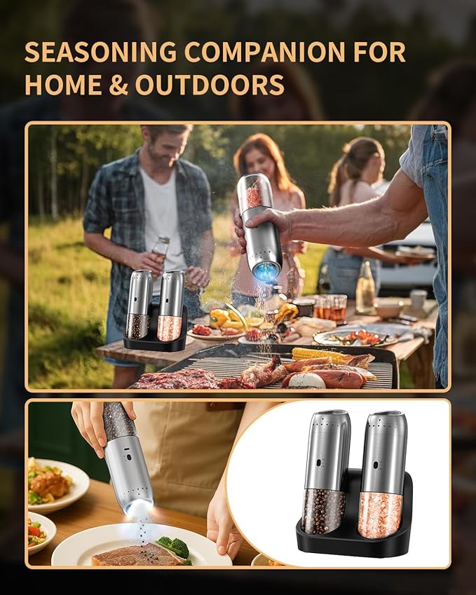 Gravity Electric Salt and Pepper Grinder Set with Rechargeable Base, 2-Speed Grinding Control Stainless Steel Pepper Mill Set with Adjustable Coarseness, LED Light & 176ml Large Capacity