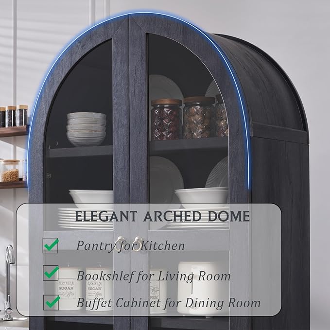 71" Tall Arched Kitchen Pantry Cabinet, Wood Kitchens Storage Cabinets with 2 Large Drawers and Adjustable Shelves, Modern Farmhouse Versatile Cupboard for Kitchen, Dining Room, Bathroom, Grey