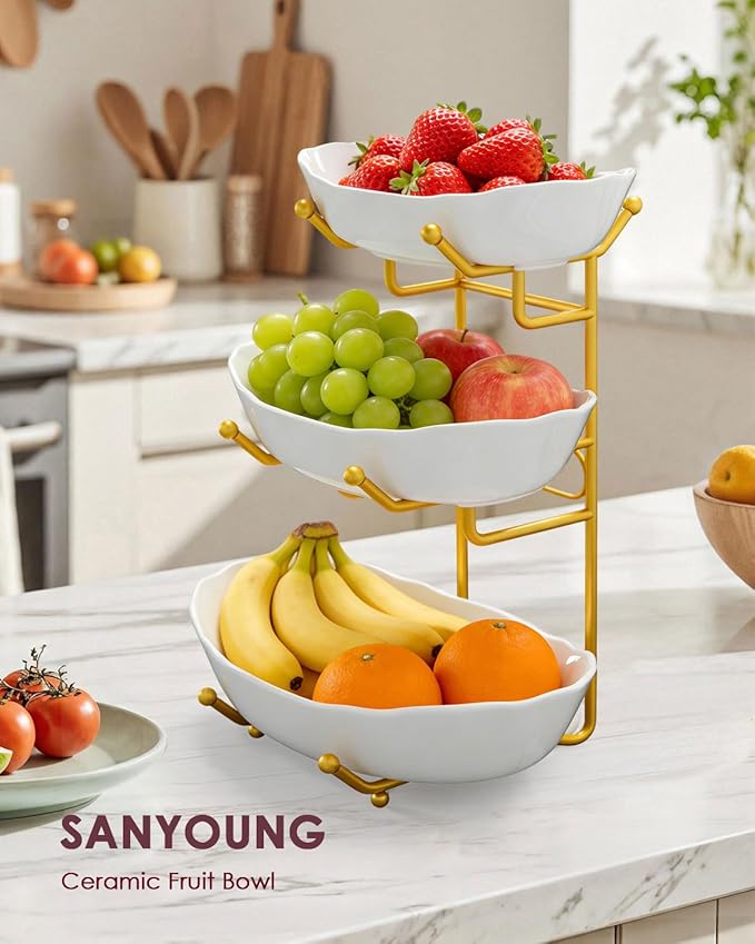 Ceramic Fruit Bowl for Kitchen Counter, 3 Tier Fruit Basket for Countertop, Tiered Fruit Stand with Metal Holder for Snacks, Nuts, Cake, Dessert, Party Display, Gold, White