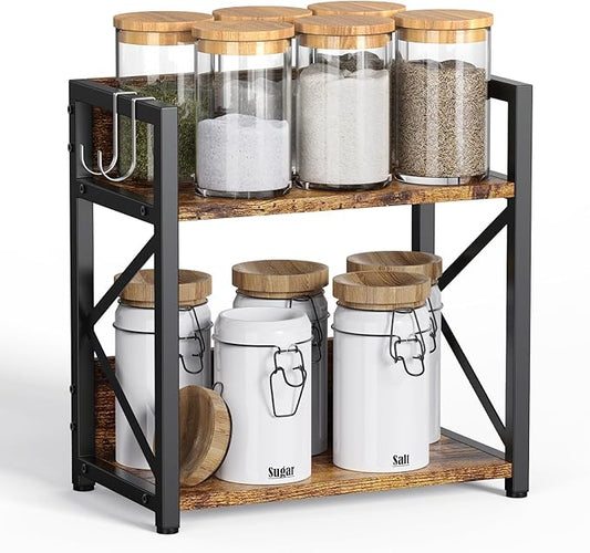Spice-Rack-Organizer-Shelf for Kitchen Counter, 2 Tiers Coffee Bar Station Organizer for Countertop竊똕pace Saving Desk Shelving Riser Unit (Rustic Brown, Small)