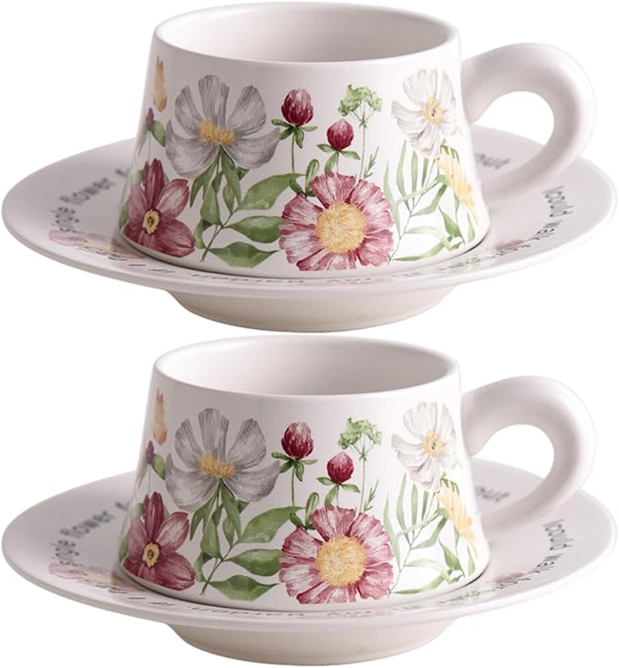 Teacup and Saucer Set with 2 Tea Cups and 2 Saucers Vintage Ceramic Espresso Coffee Mug for Coffee, Latte, Cappuccino
