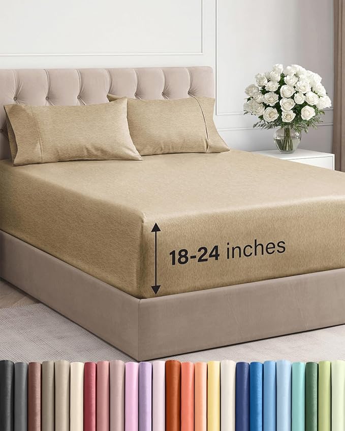 Extra Deep Pocket Full Sheets - 4 Piece Breathable & Cooling Bed Sheets - Hotel Luxury Bed Sheet Set - Soft, Wrinkle Free & Comfy - Easily Fits Extra Deep Mattresses - Deep Pocket Heathered Tan Sheets