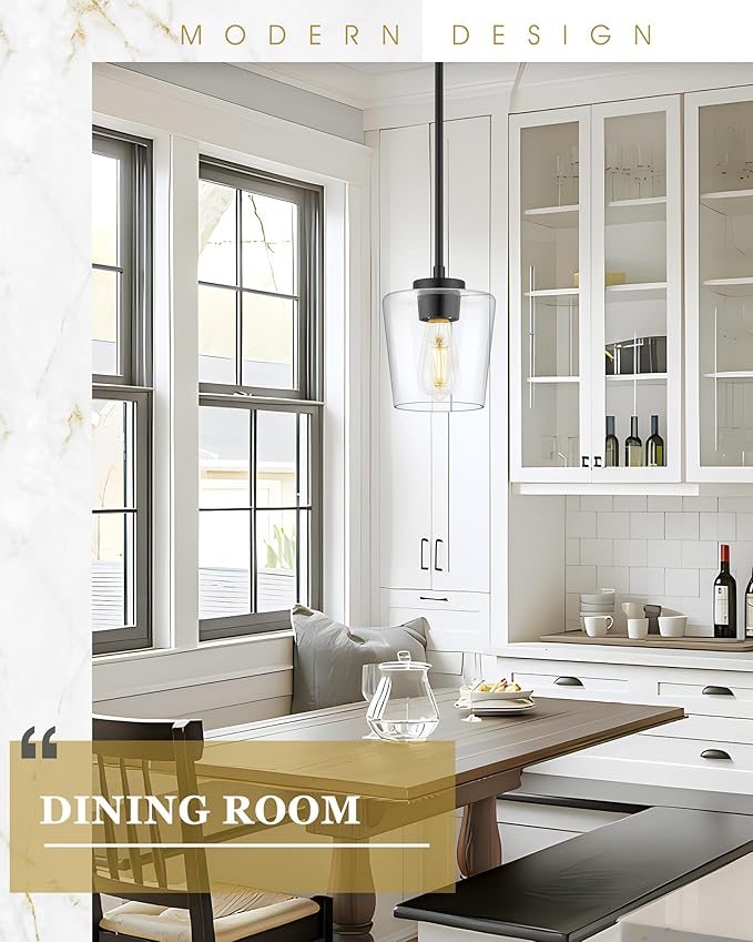 Pendant Lights Kitchen Island 2 Pack, 6" Matte Black Hanging Lights Fixtures with Clear Glass Shade, Modern Kitchen Pendant Lighting Over Island for Dining Room, AD-22004-1P2-BK-C