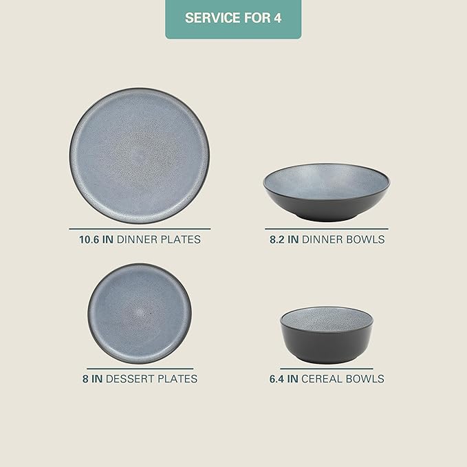 Gibson Elite Tribeca Loft 16-Piece Dinnerware Set ??Matte Black and Blue Reactive Glaze Stoneware, Double Bowl Round Plates and Bowls ??Modern Rustic Dinnerware for 4, Dishwasher & Microwave Safe