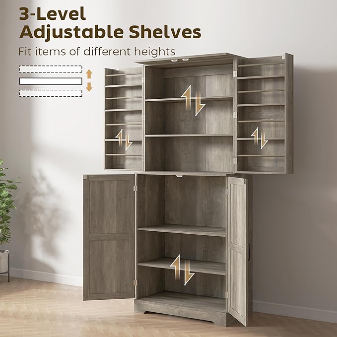 HOMCOM 72" Farmhouse Kitchen Pantry Cabinet, Freestanding Tall Storage Cabinet with 4 Barn Doors, 4 Adjustable Shelves and 8 Door Shelves, Gray Wash