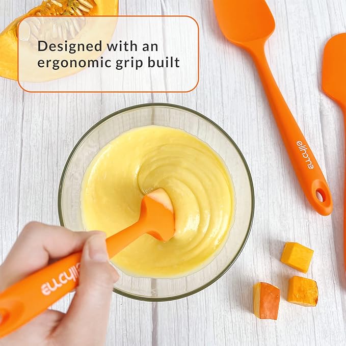 Elihome Chef Series 3 Piece Silicone Spatula Set - 600째F Heat Resistant Non Stick Rubber Kitchen Scraper Spatulas for Cooking, Baking, and Mixing ??BPA Free and LFGB Certified Silicone (Orange)