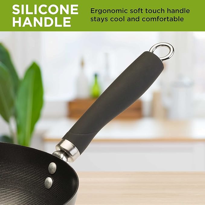 Ecolution Non-Stick Carbon Steel Wok with Soft Touch Riveted Handle, 8",Black