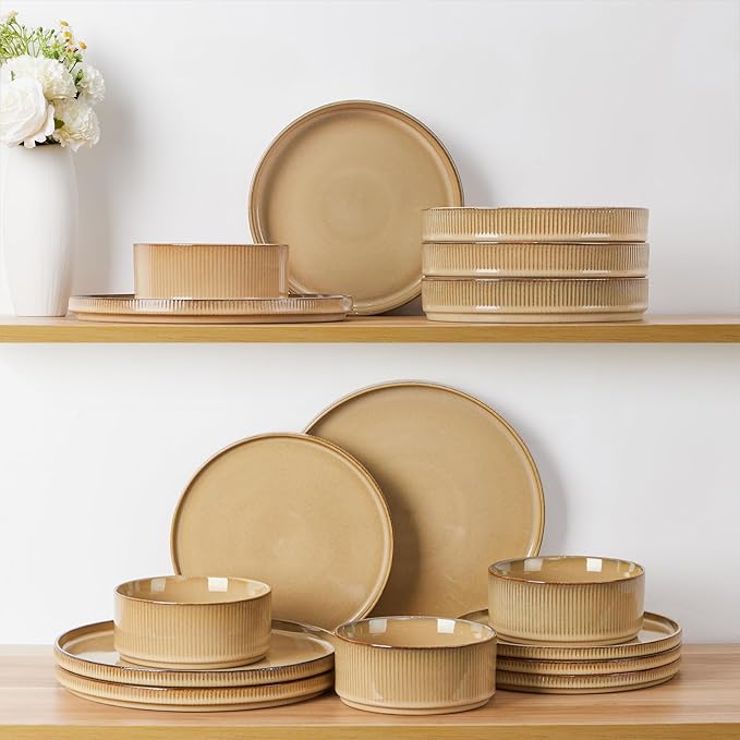 LIANYU 8 Piece Dinnerware Plates and Bowls for 2, Ceramic Elegant Stoneware Dishes Sets with Pasta Bowls, Modern Ribbed Dining Ware Dishware for Restaurant Wedding, Dishwasher Safe, Dune Khaki