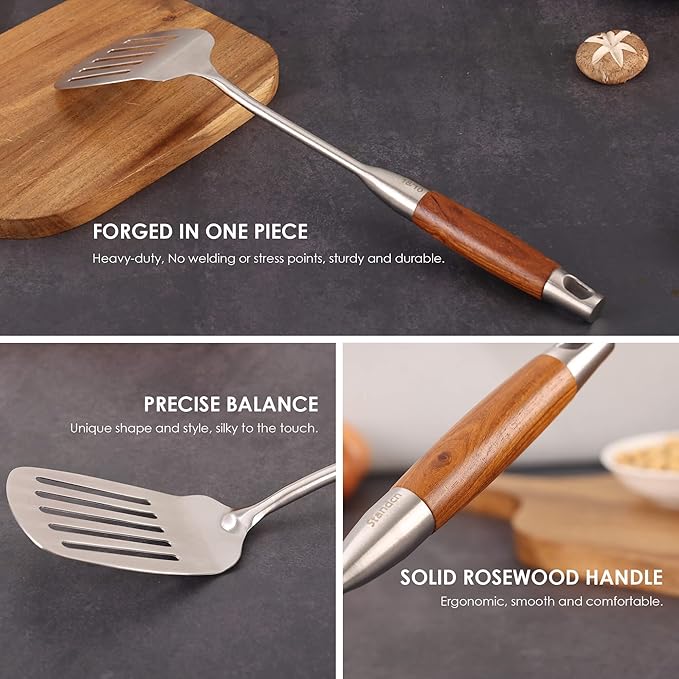 18/10 Stainless Steel Kitchen Utensils Set with Wood Handle - 15?쒶etal Cooking Tools & Serving Utensil, 8-Pieces Cooking Spoons Set - Spatula, Ladle, Skimmer, Turner, Pasta, Solid Spoon, Slotted Spoon