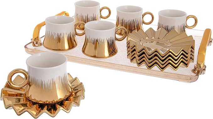 Turkish Coffee Cup Set of 6 with Saucers & Tray - Luxury Arabic Greek Japanese Marble Ceramic Tea Cups for Espresso Cappuccino Latte Mocha, Ideal Gift - 6.7oz,- White