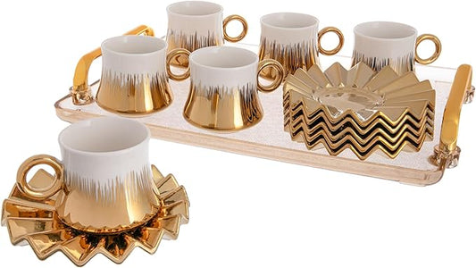 Turkish Coffee Cup Set of 6 with Saucers & Tray - Luxury Arabic Greek Japanese Marble Ceramic Tea Cups for Espresso Cappuccino Latte Mocha, Ideal Gift - 6.7oz,- White